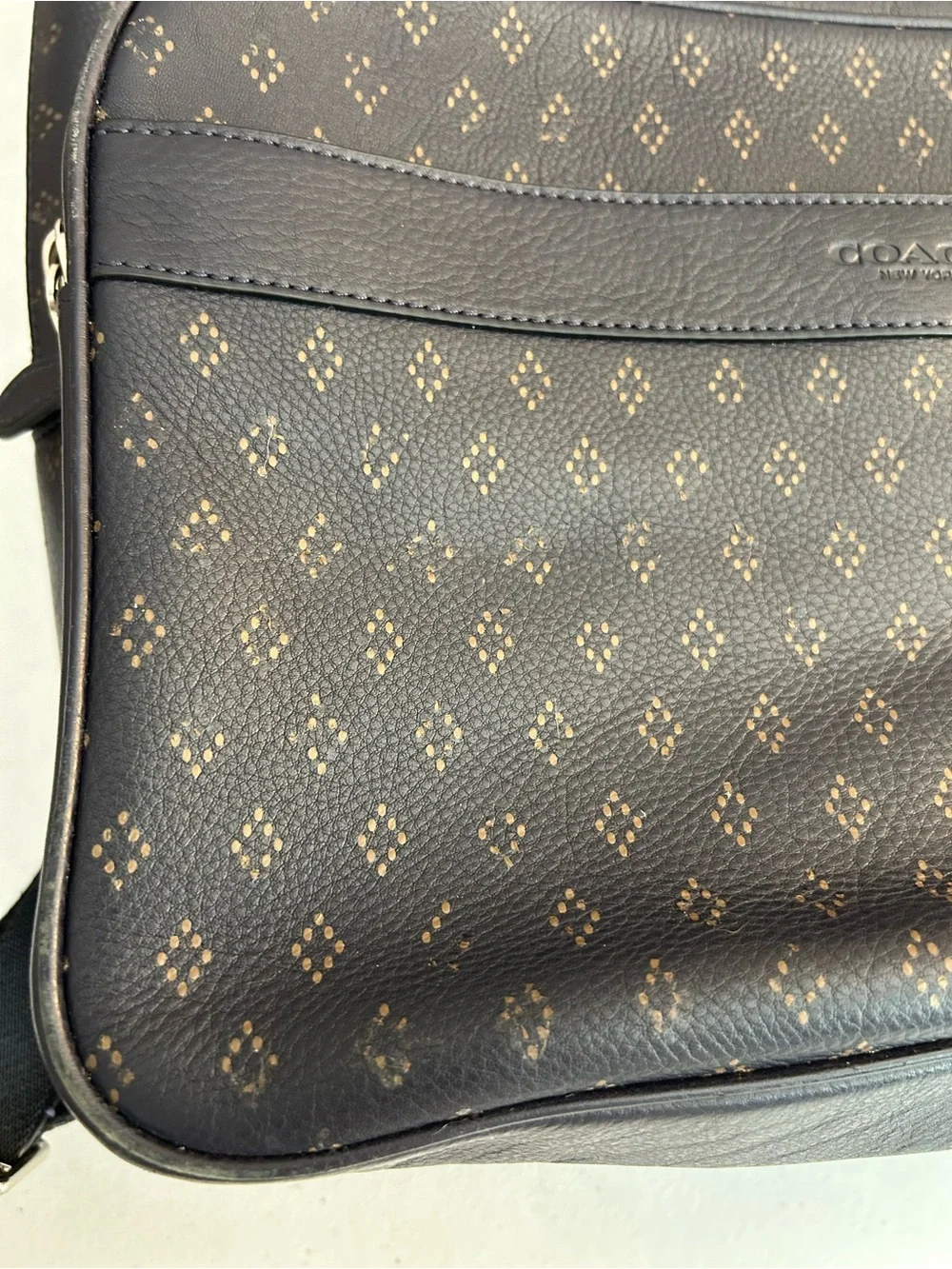 Coach Men's navy Backpack with tan/gold Logo Print